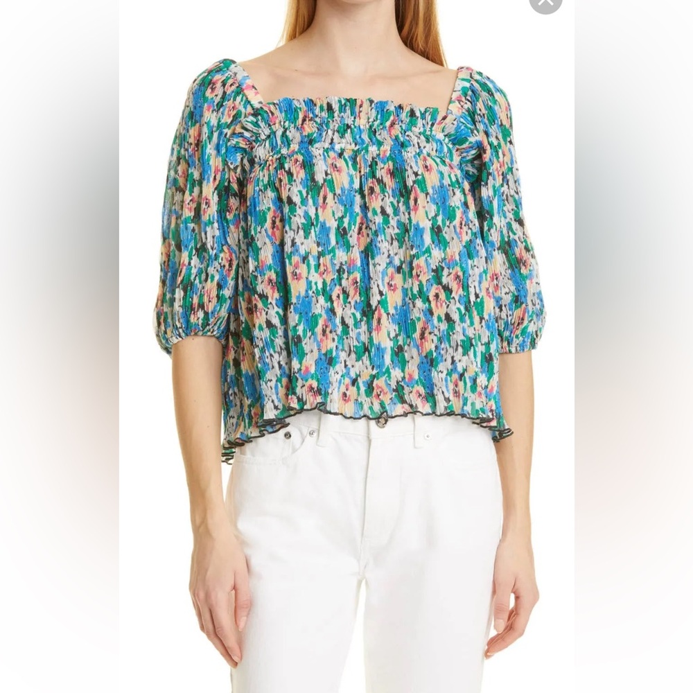 EUC Ganni Floral Print Plissé Smocked Georgette Top in Floral Azure Blue